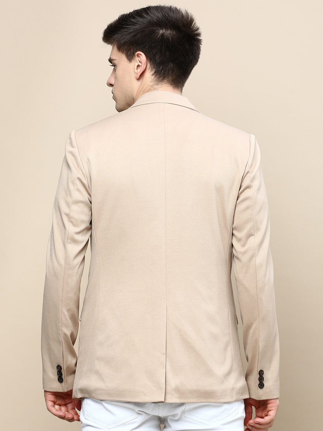 Men Beige Solid Casual Blazers