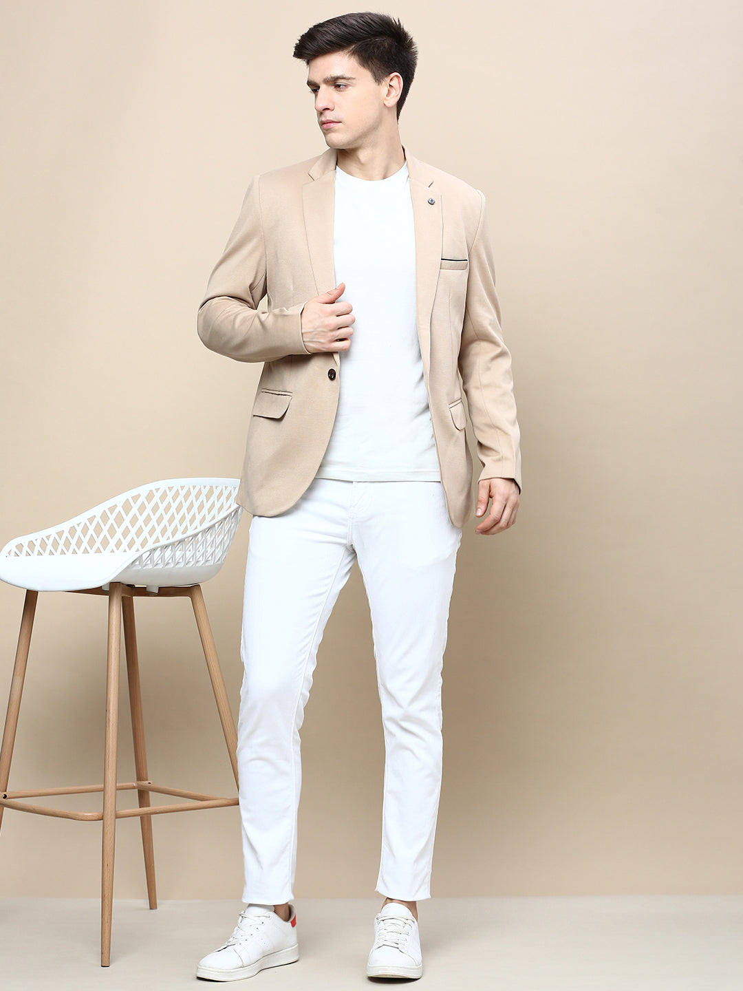 Men Beige Solid Casual Blazers