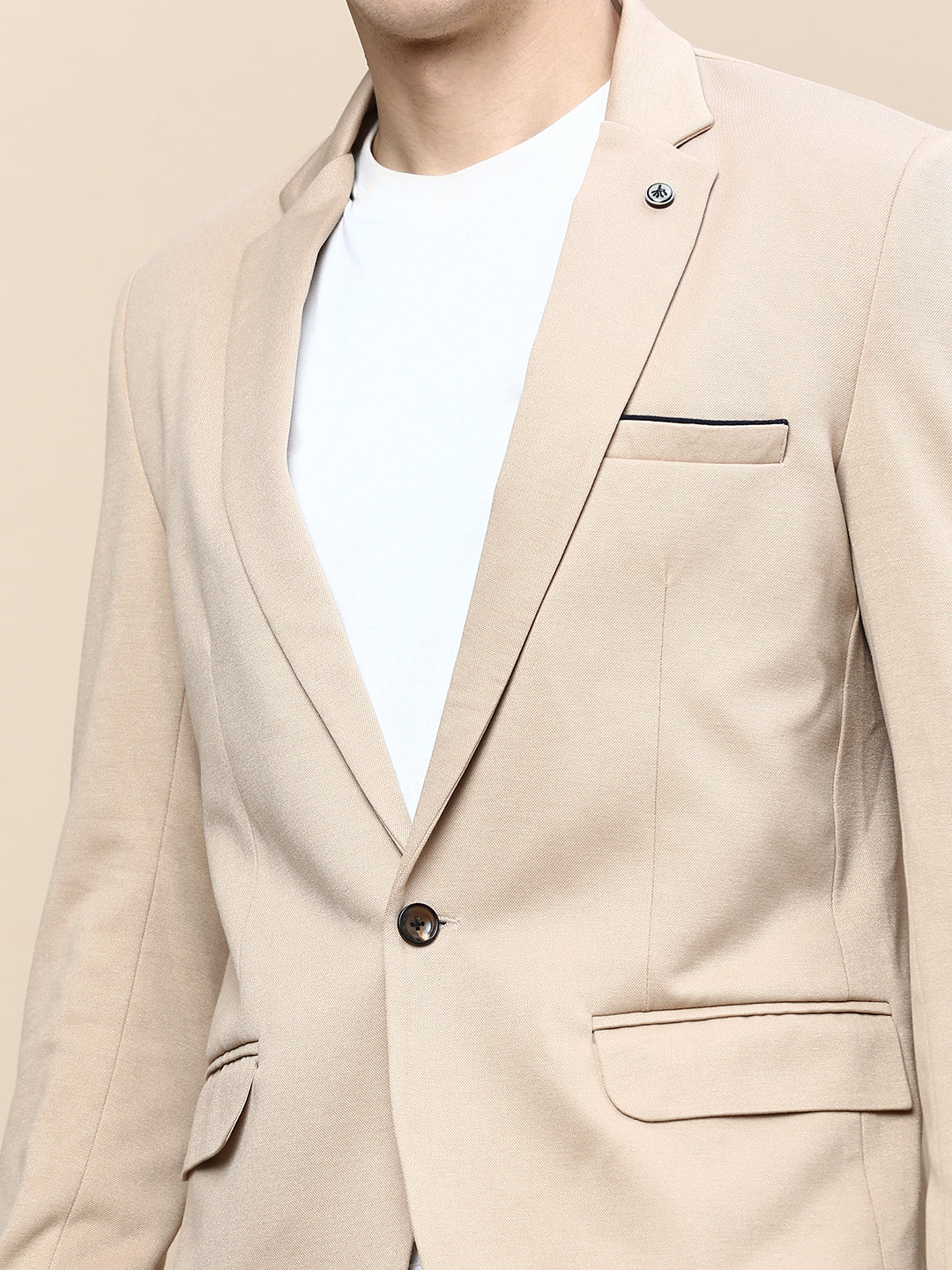 Men Beige Solid Casual Blazers