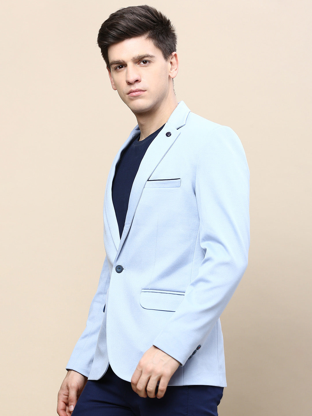 Men Blue Solid Casual Blazers