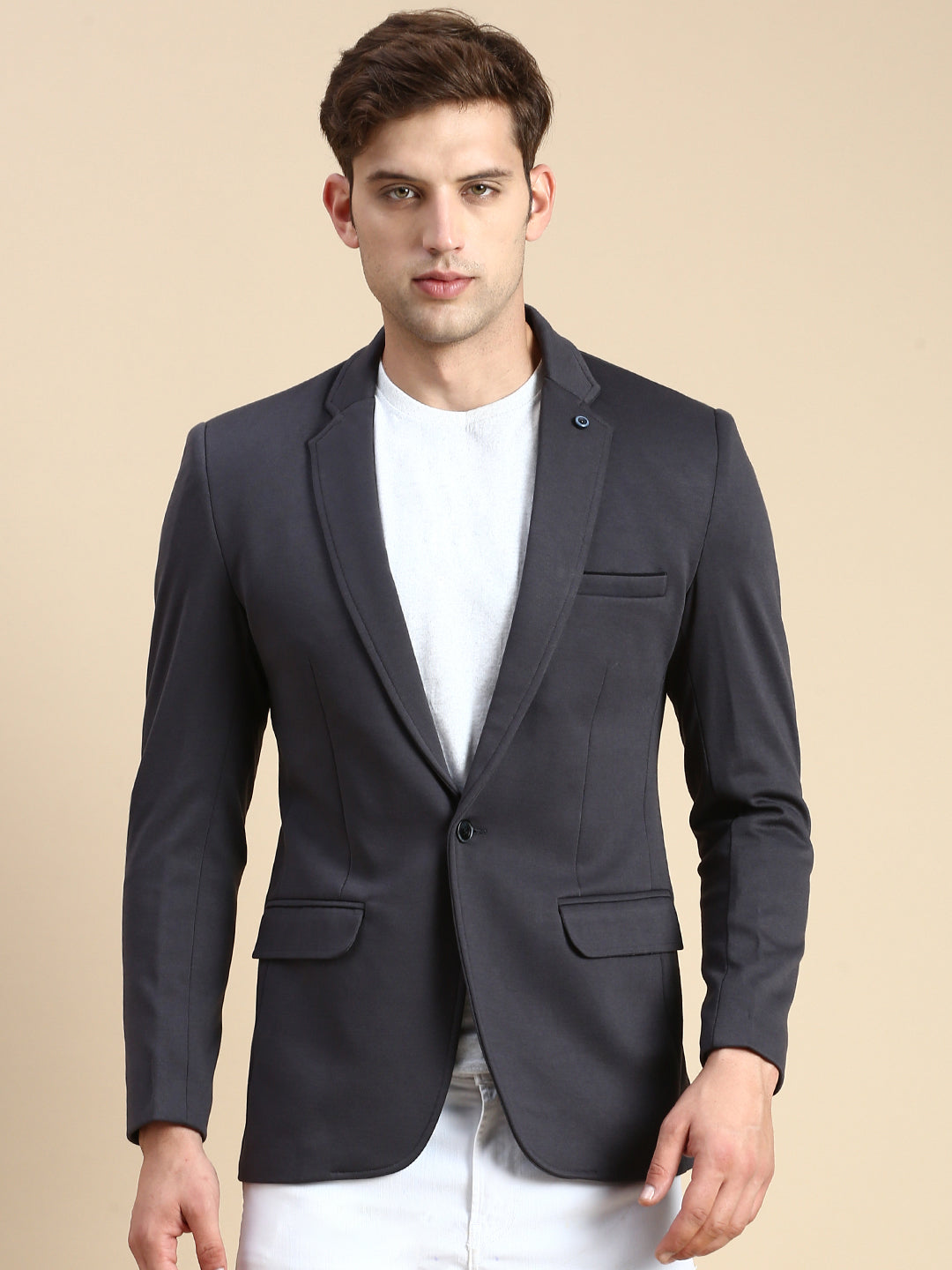 Men Grey Solid Casual Blazer