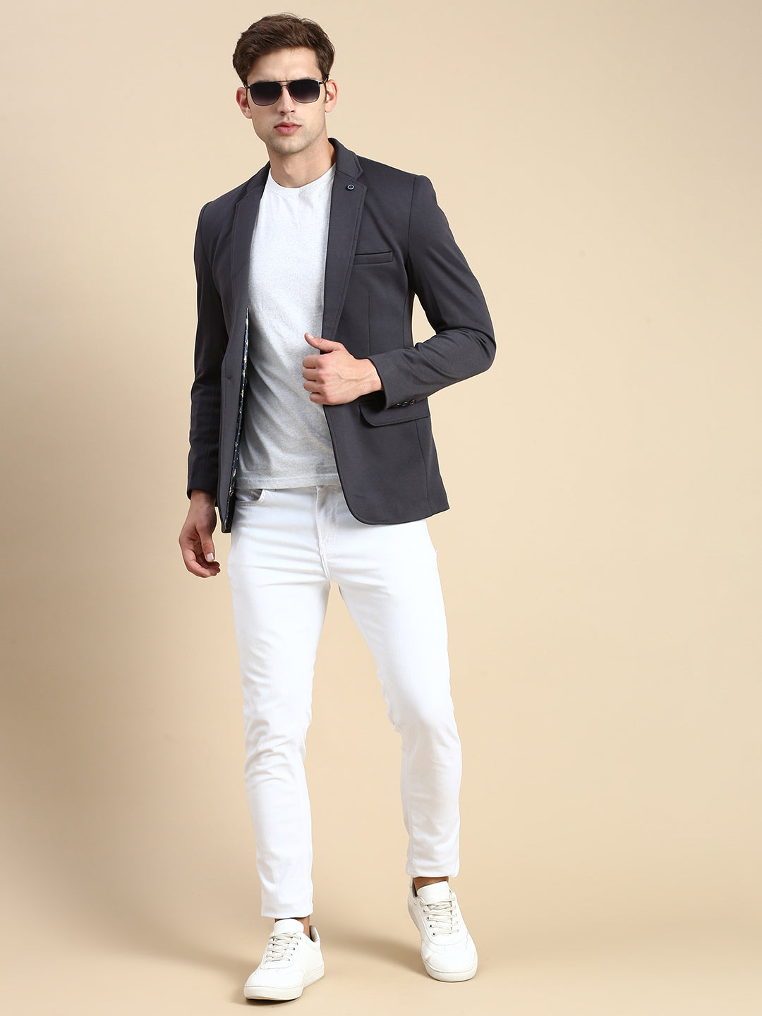 Men Grey Solid Casual Blazer