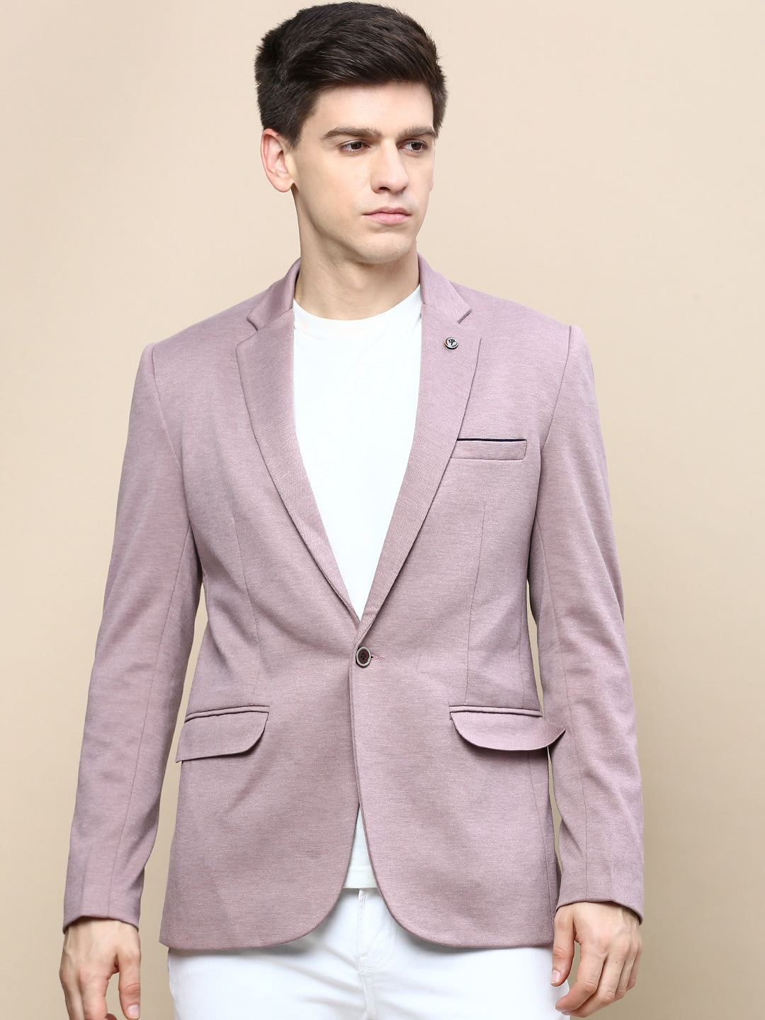 Men Mauve Solid Casual Blazers