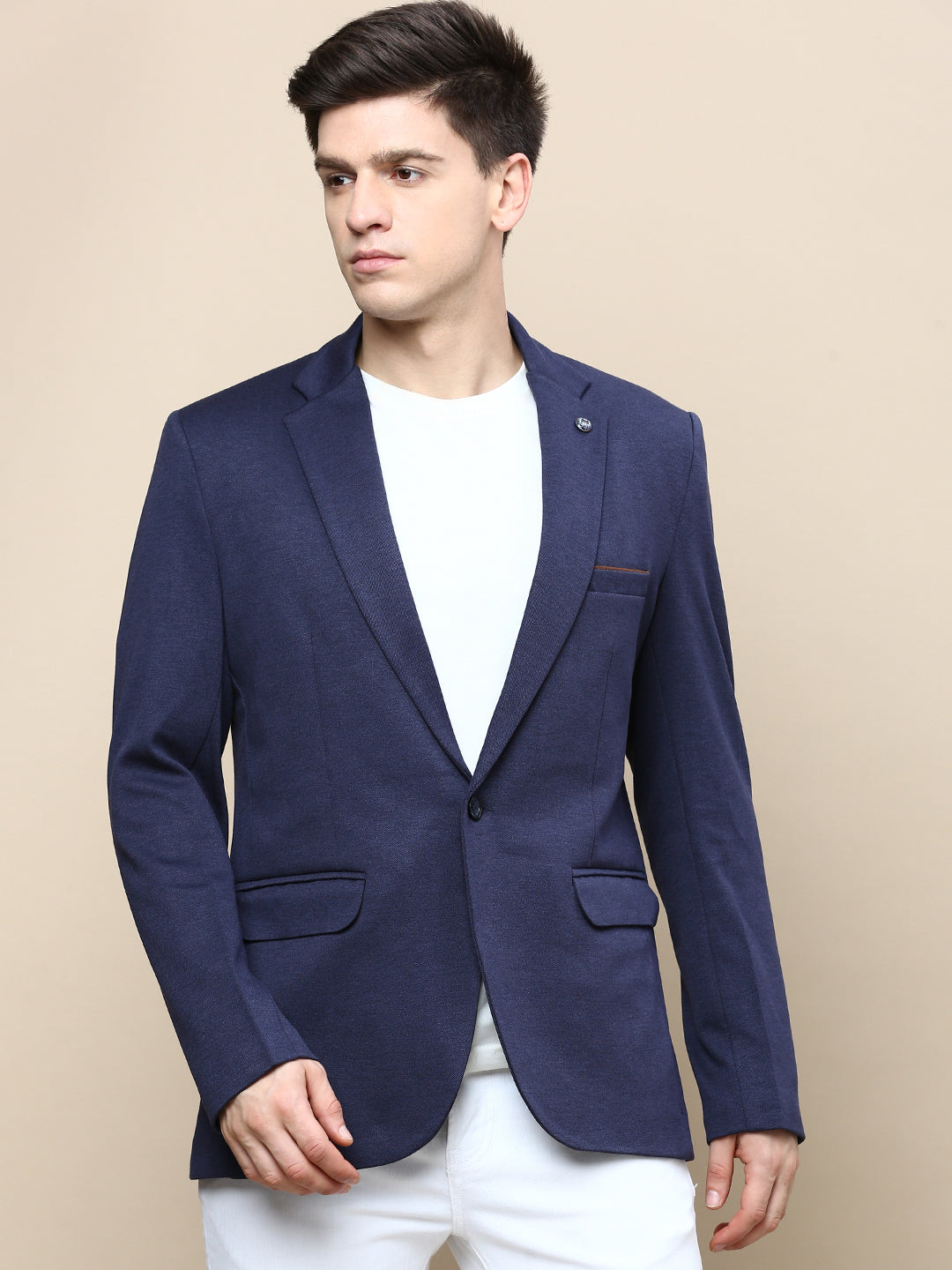 Men Navy Solid Casual Blazers