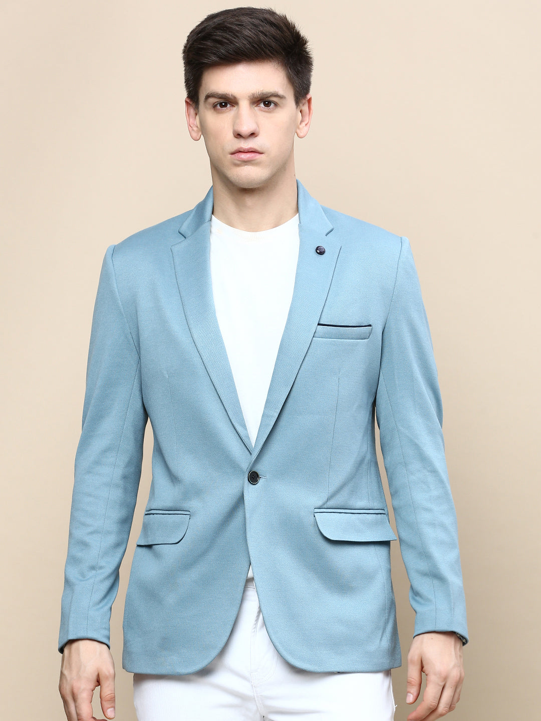 Men Blue Solid Casual Blazers