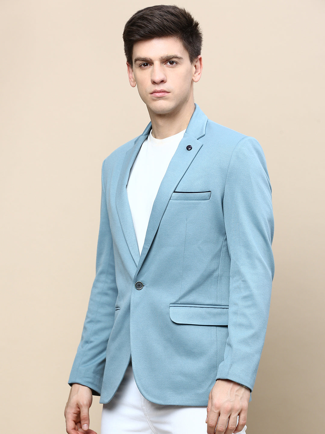 Men Blue Solid Casual Blazers