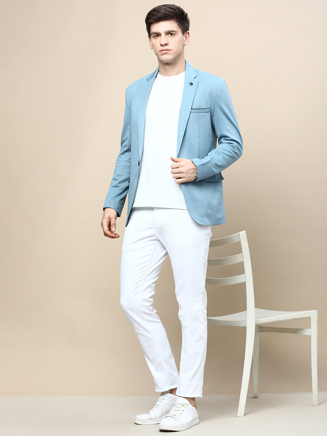 Men Blue Solid Casual Blazers