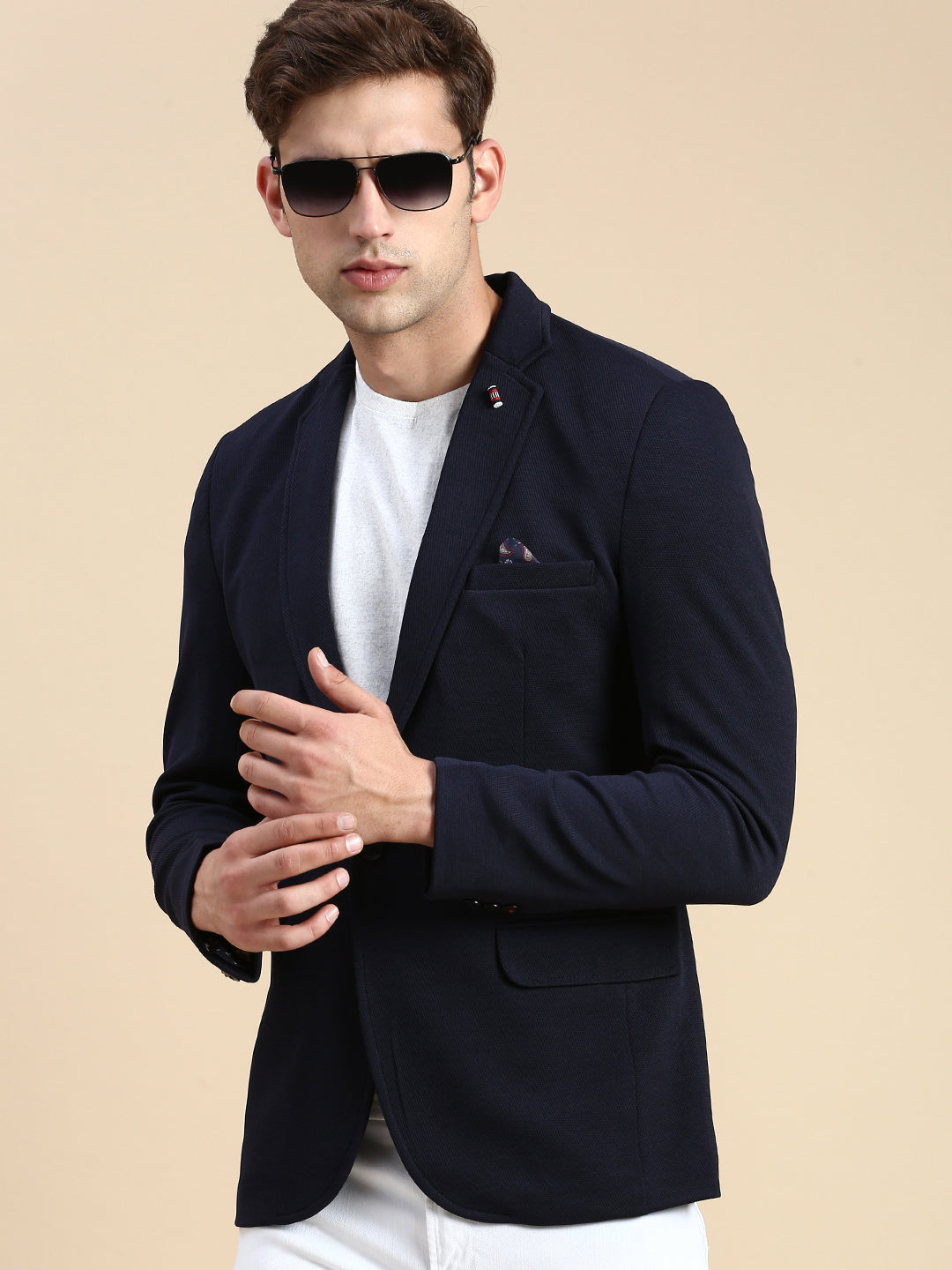 Men Navy Solid Casual Blazer