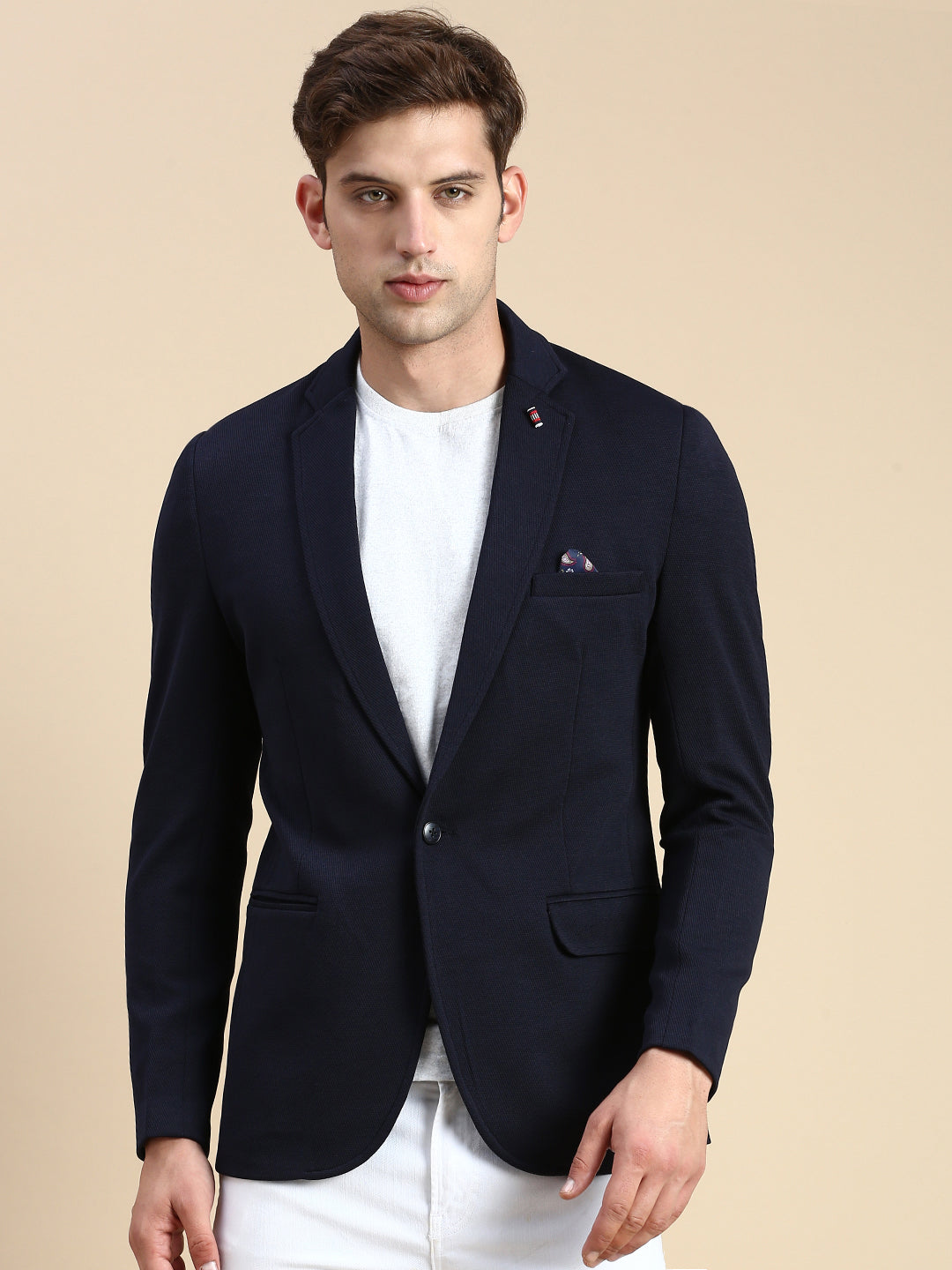 Men Navy Solid Casual Blazer