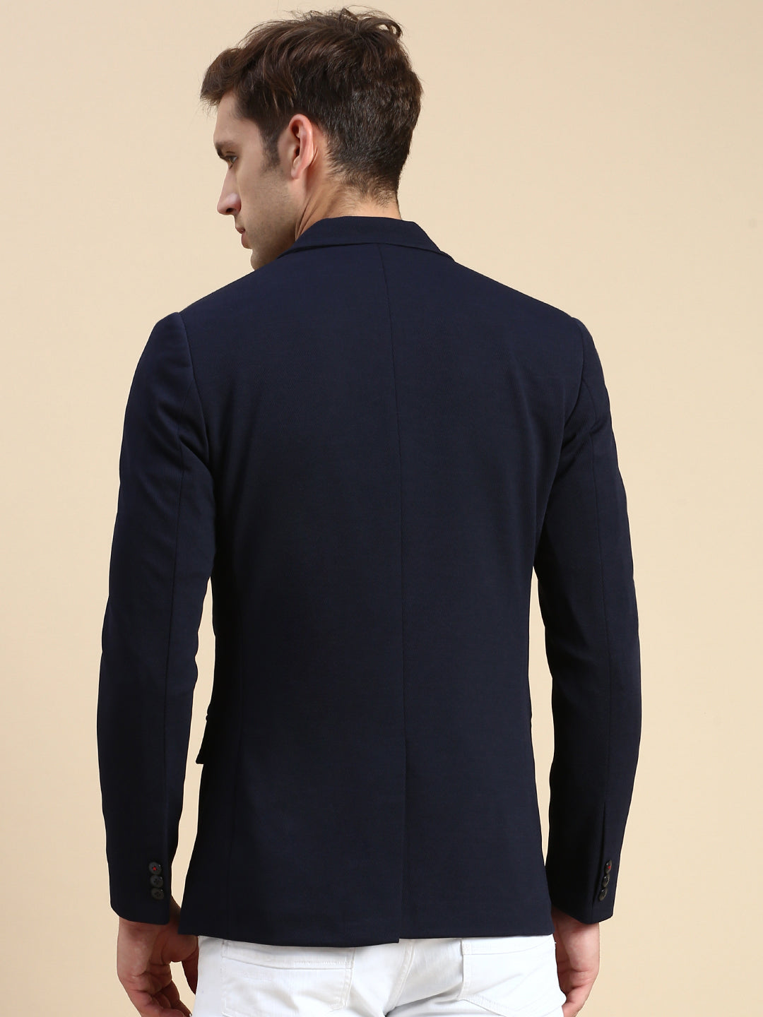 Men Navy Solid Casual Blazer