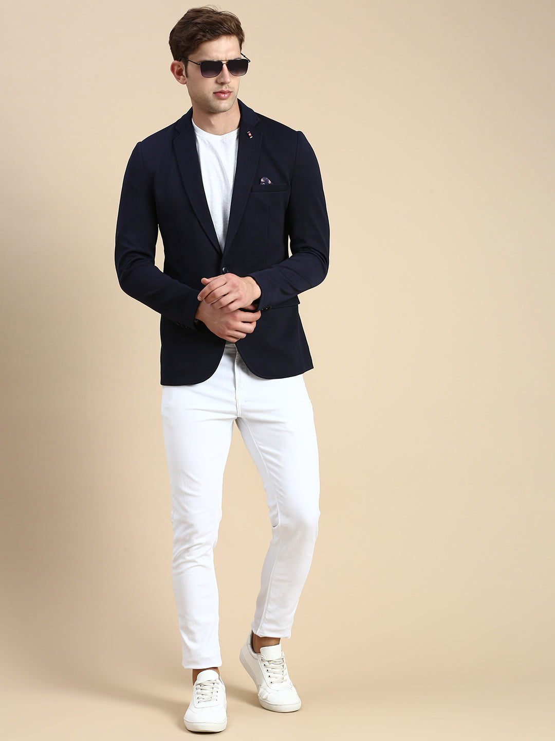 Men Navy Solid Casual Blazer