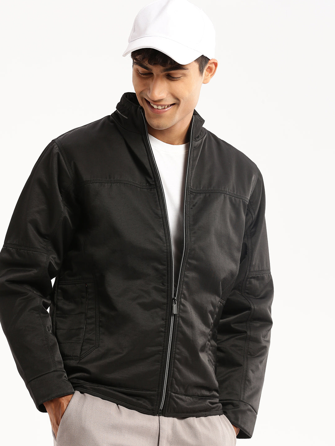 Men Black Mock Collar Solid Bomber