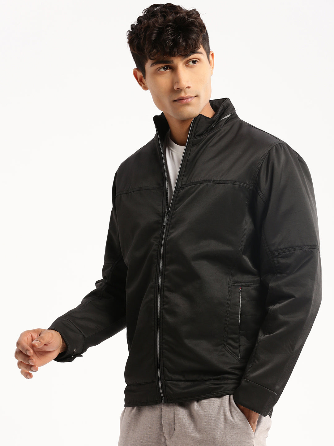 Men Black Mock Collar Solid Bomber