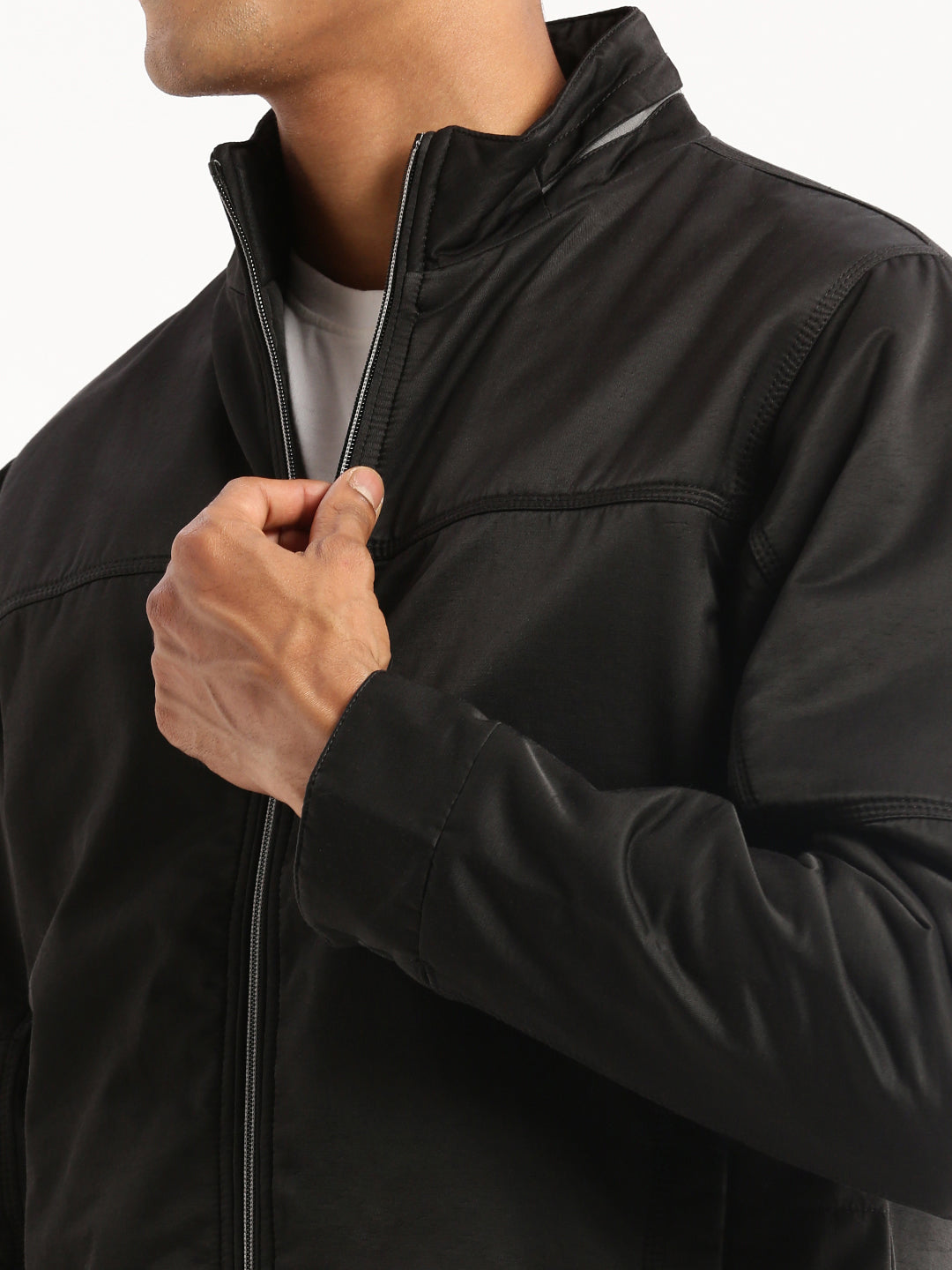 Men Black Mock Collar Solid Bomber