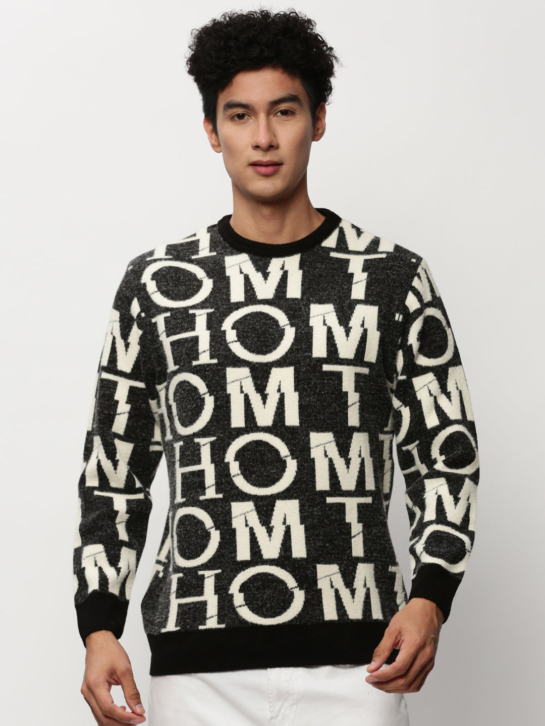 Men Black Typographic Casual Sweaters