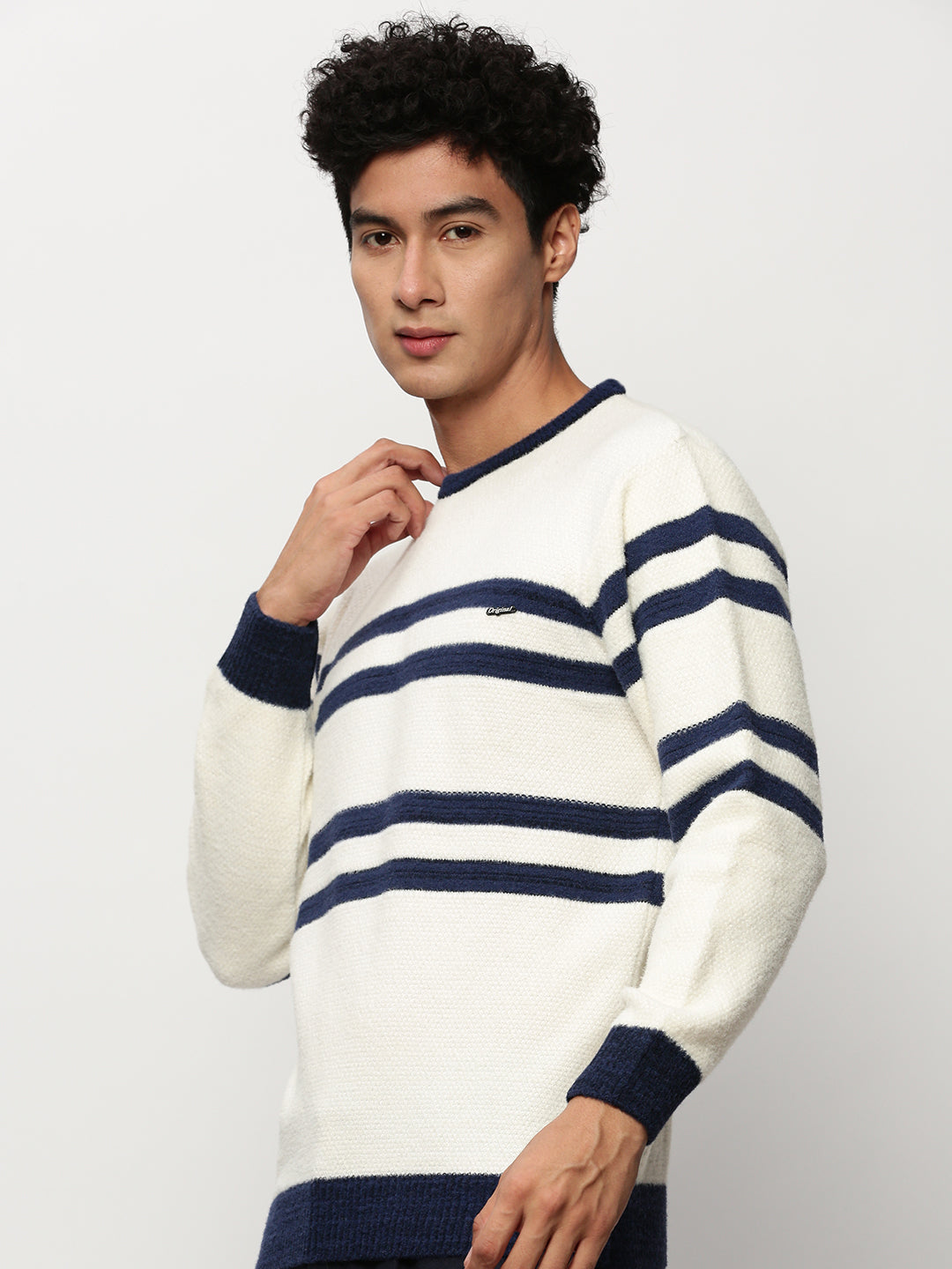 Men White Striped Casual Sweaters