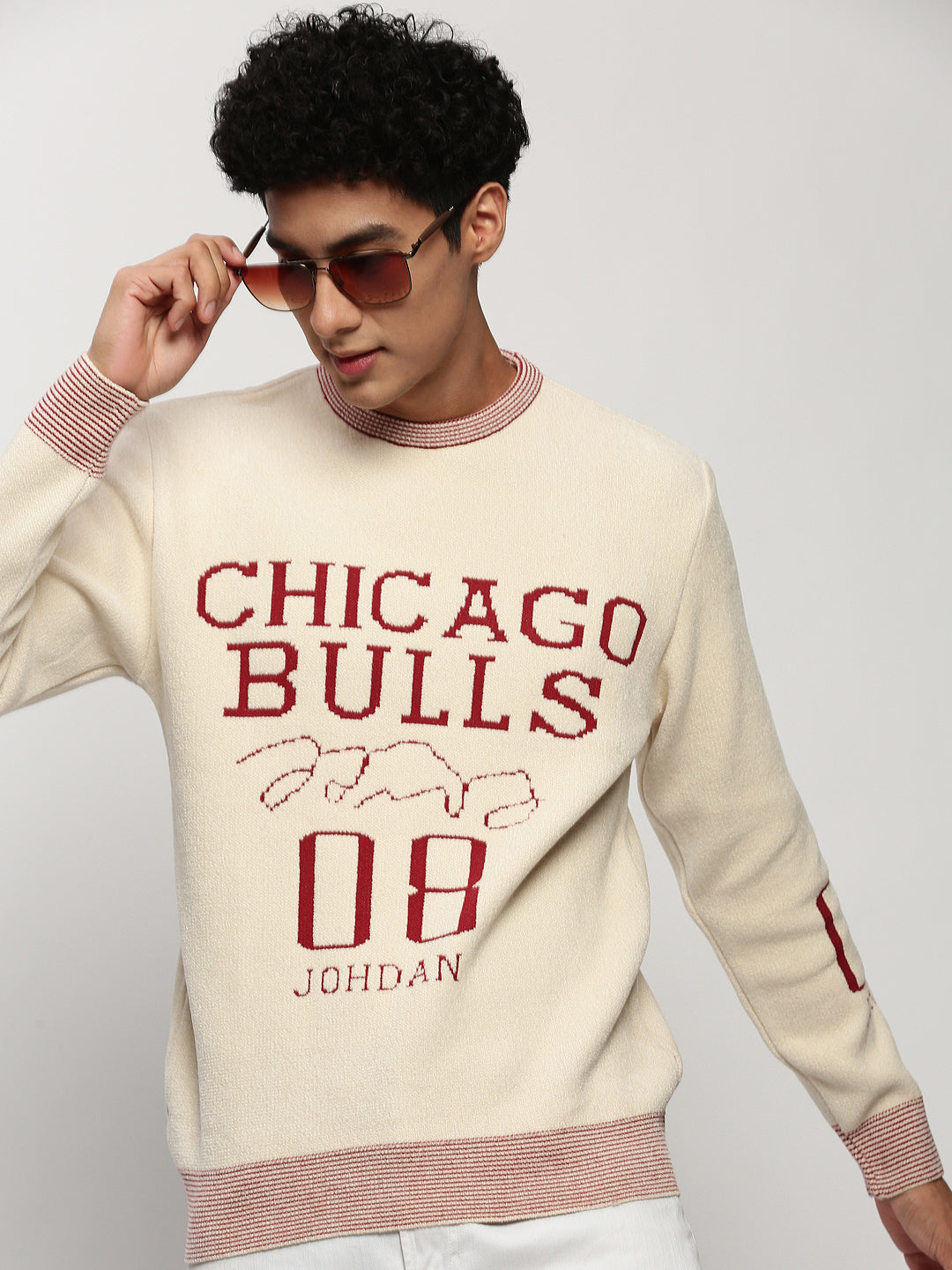 Men Cream Typographic Casual Sweaters