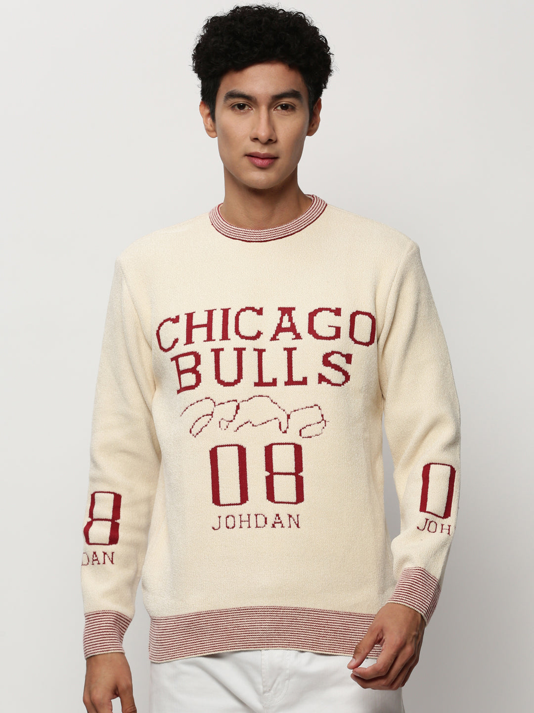 Men Cream Typographic Casual Sweaters