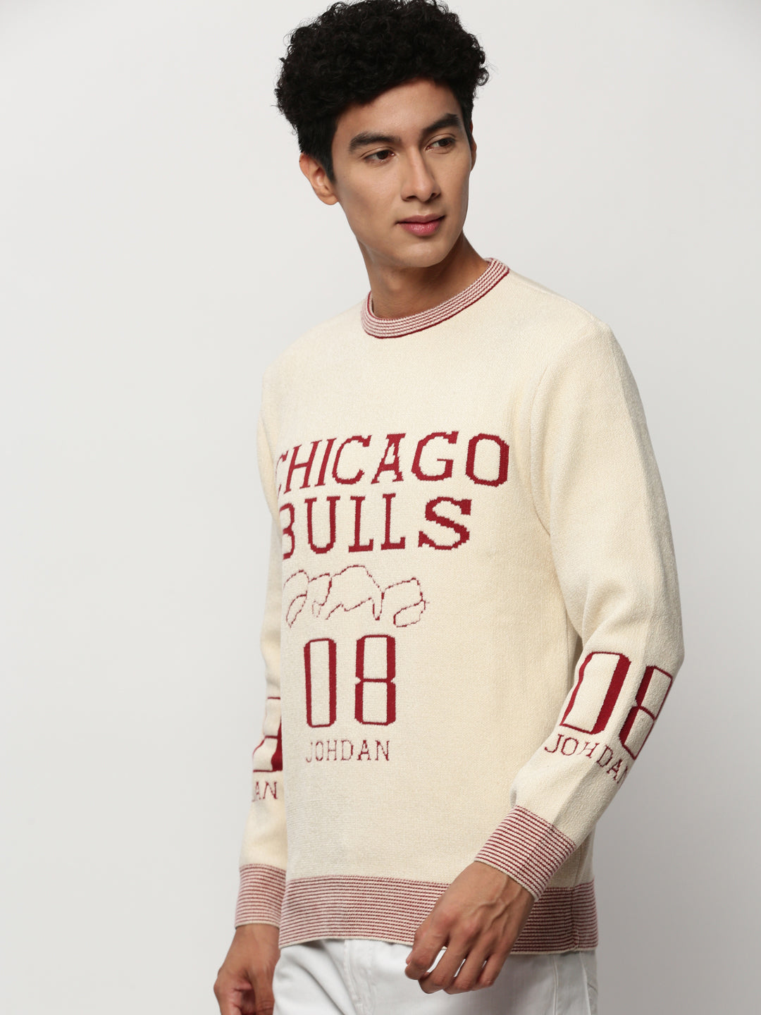 Men Cream Typographic Casual Sweaters