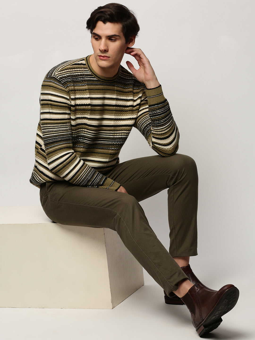 Men Green Knitted Casual Sweaters