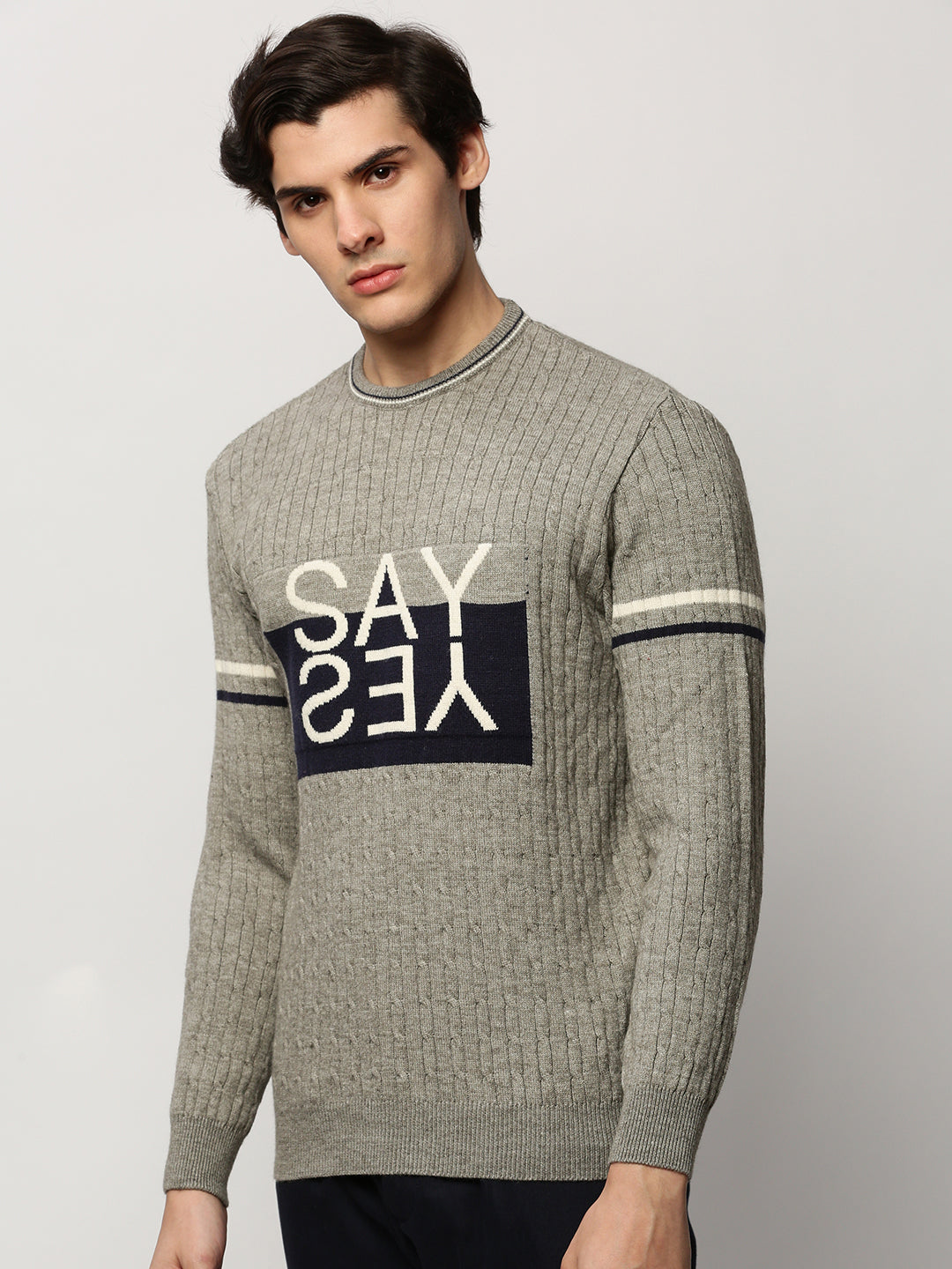 Men Grey Typographic Casual Sweaters