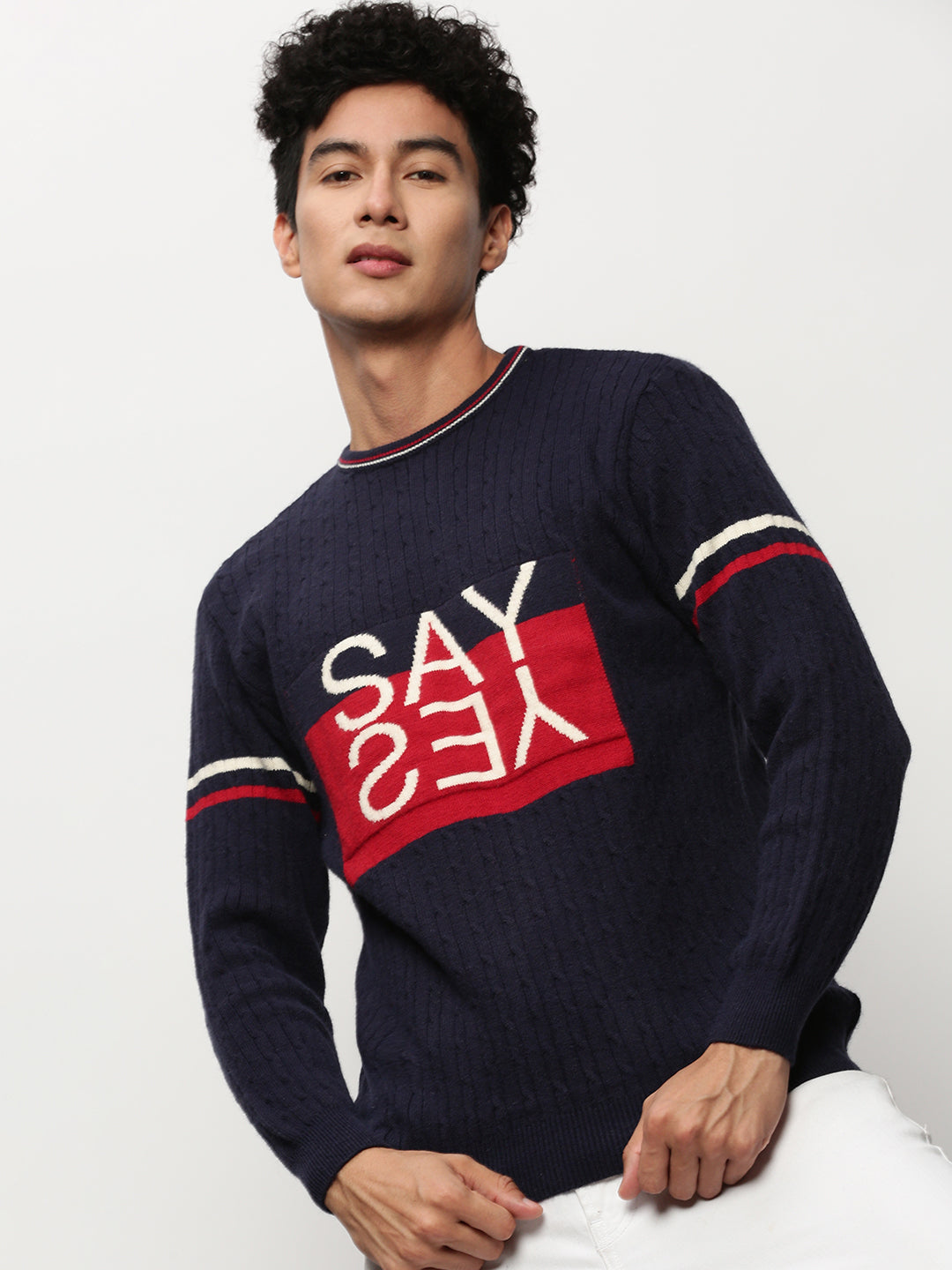 Men Navy Typographic Casual Sweaters