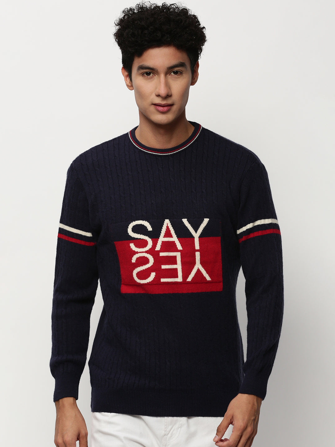 Men Navy Typographic Casual Sweaters