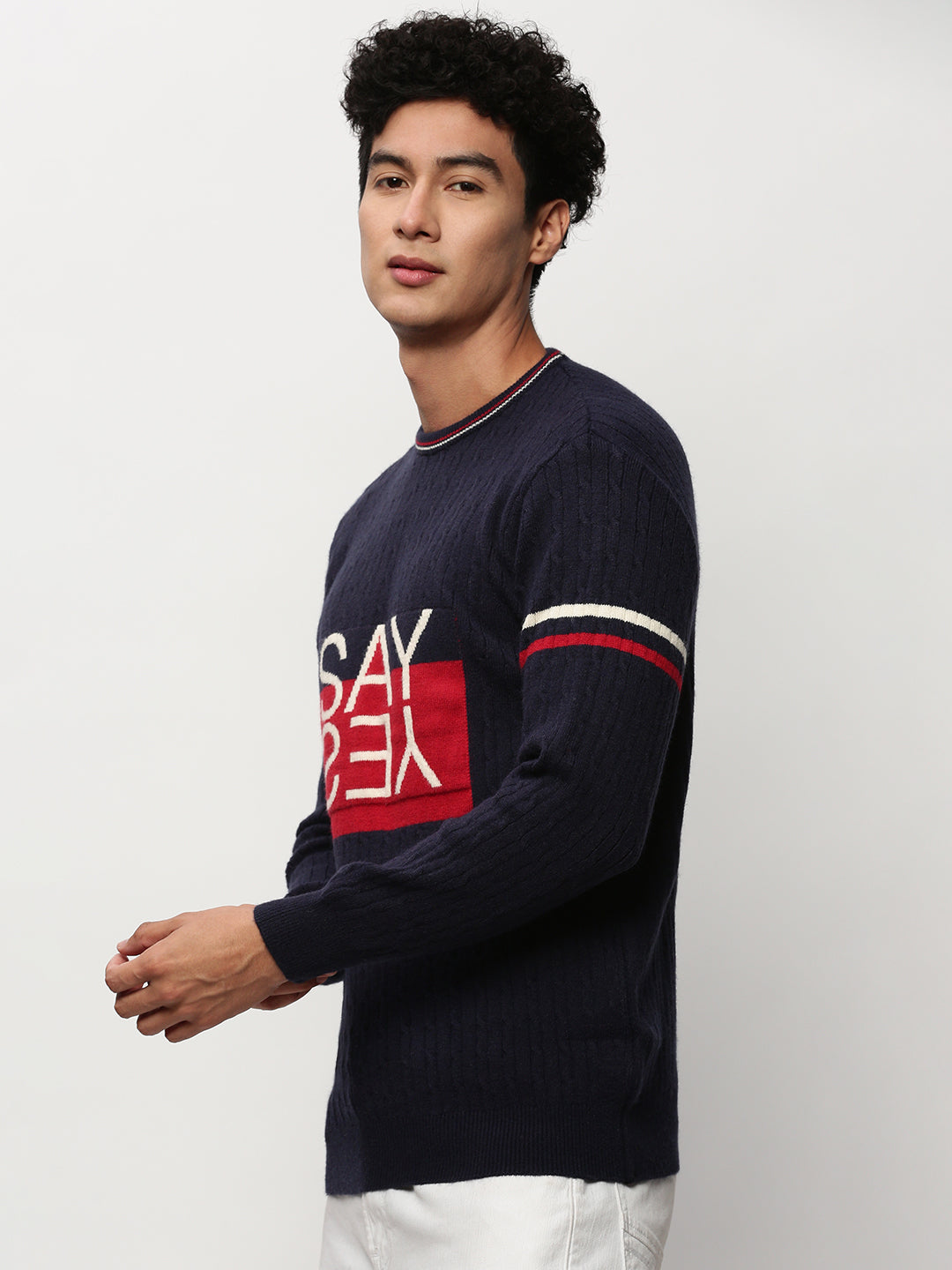 Men Navy Typographic Casual Sweaters