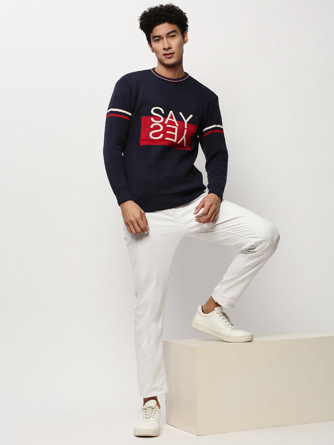 Men Navy Typographic Casual Sweaters