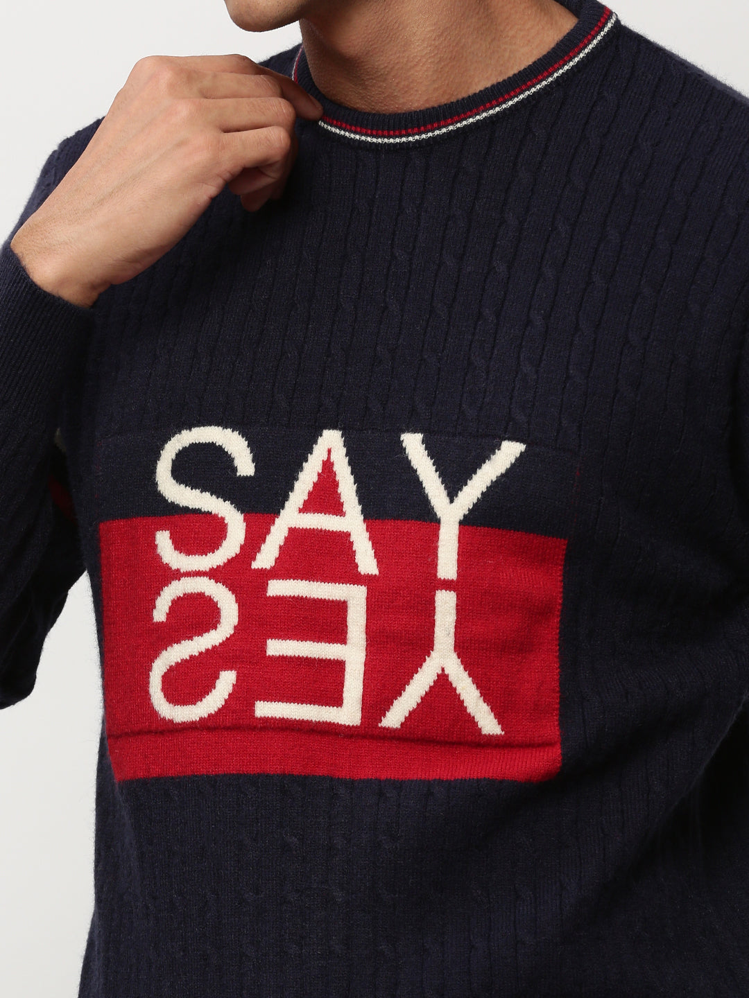 Men Navy Typographic Casual Sweaters