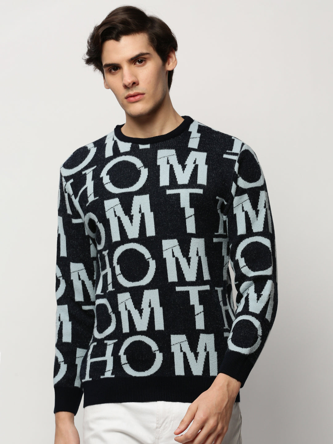 Men Navy Typographic Casual Sweaters