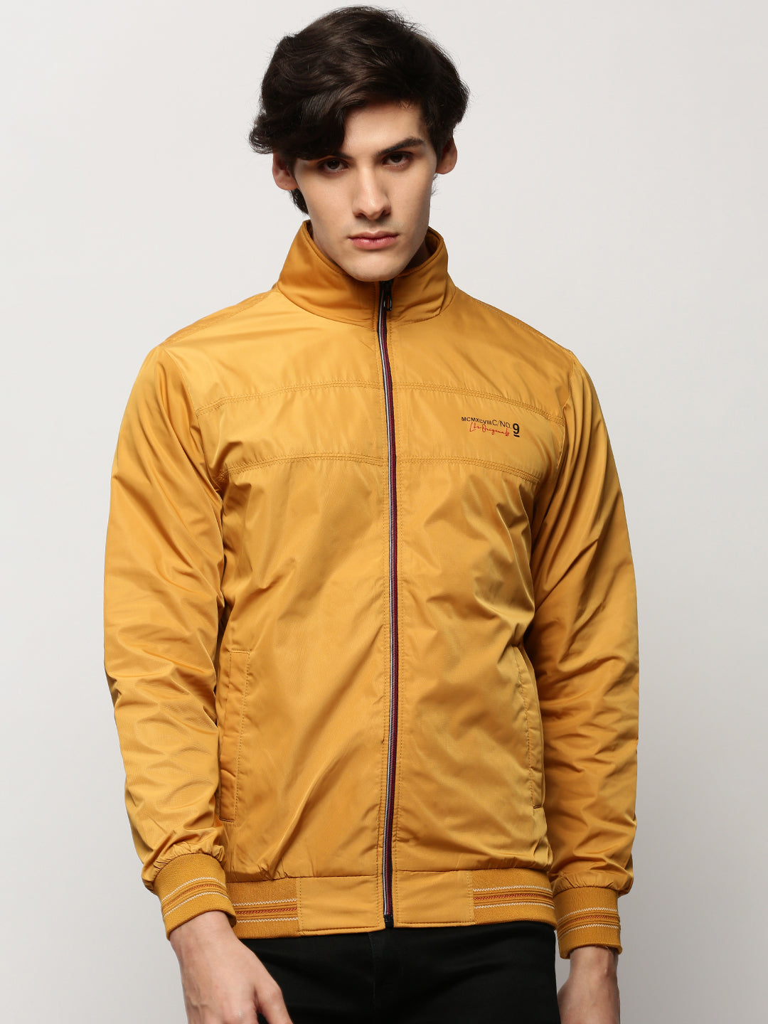 Men Yellow Solid Casual Bomber Jackets