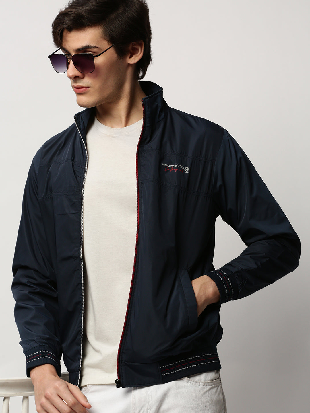 Men Navy Solid Casual Bomber Jackets