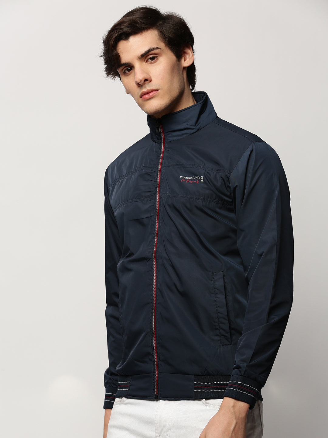 Men Navy Solid Casual Bomber Jackets