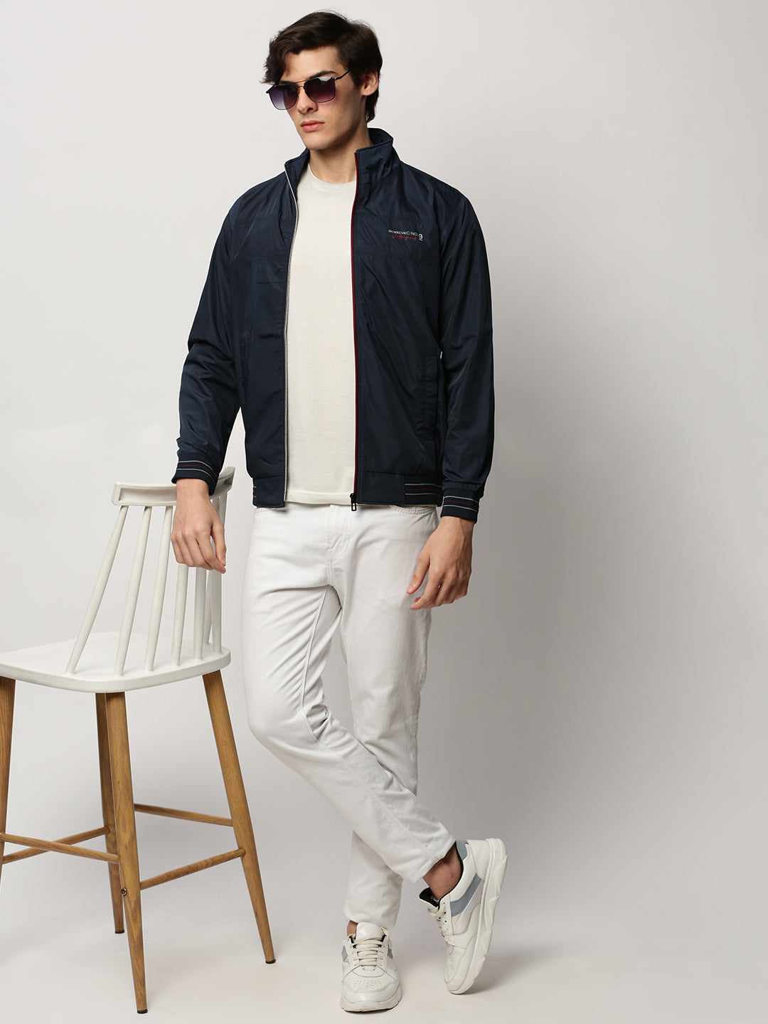 Men Navy Solid Casual Bomber Jackets