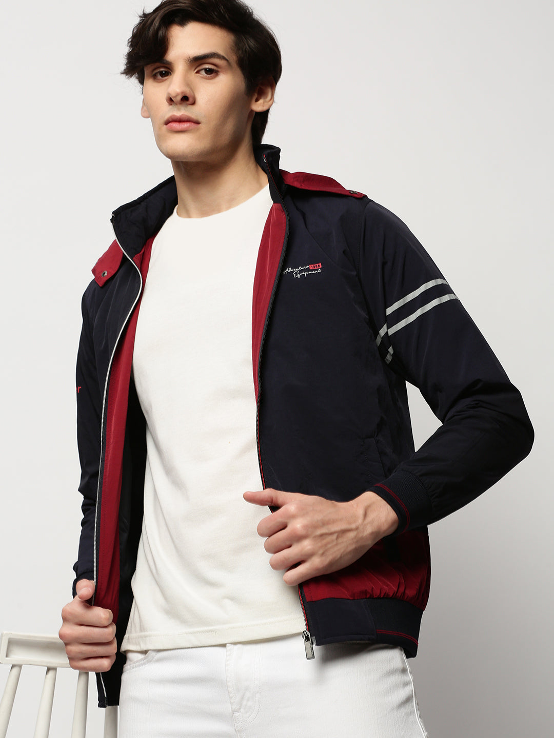 Men Navy Colourblock Casual Bomber Jackets