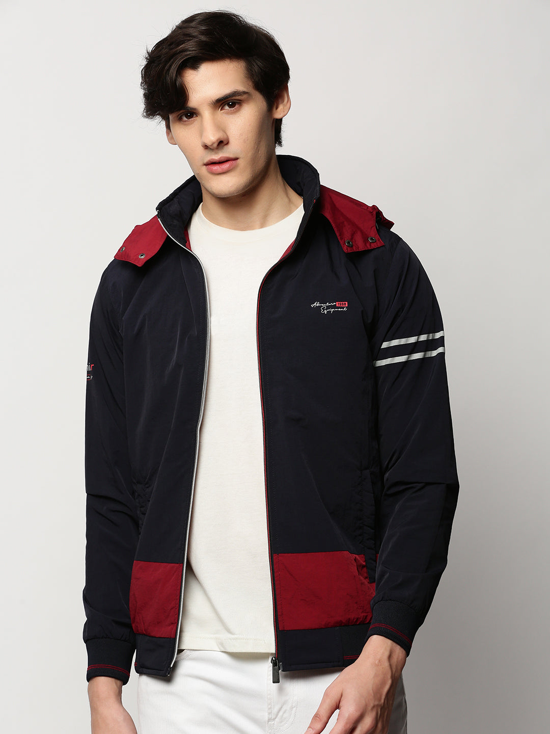 Men Navy Colourblock Casual Bomber Jackets