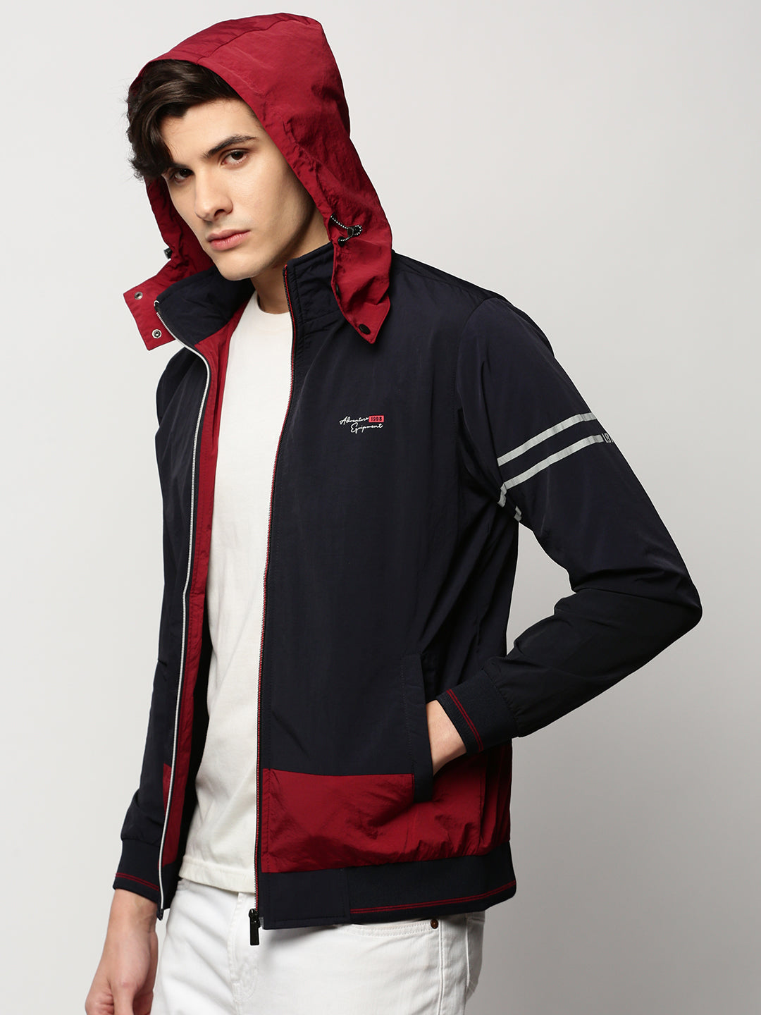 Men Navy Colourblock Casual Bomber Jackets