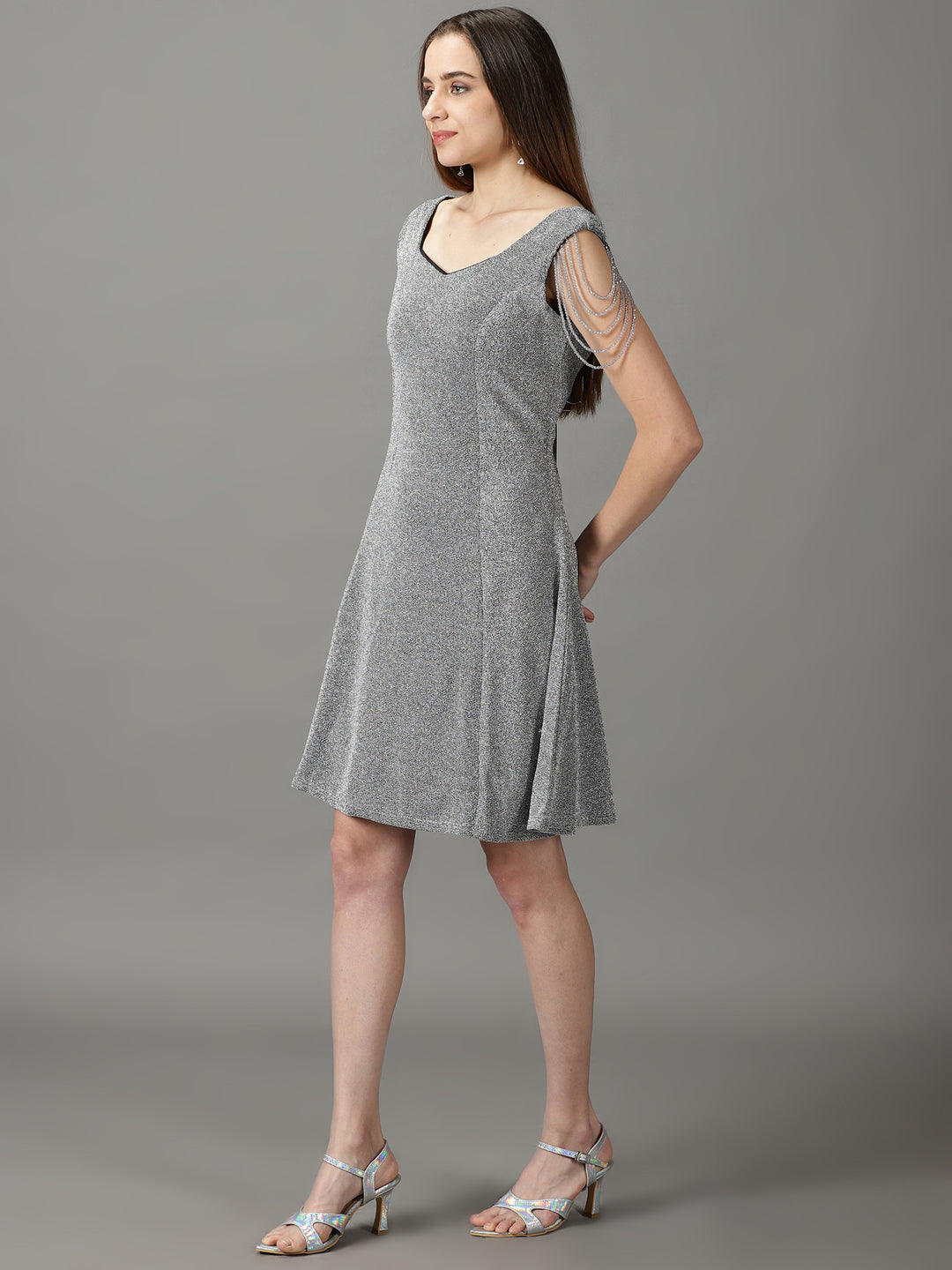 Women's Silver Embellished A-Line Dress