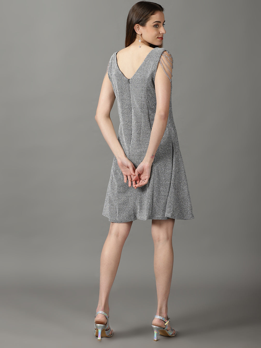 Women's Silver Embellished A-Line Dress