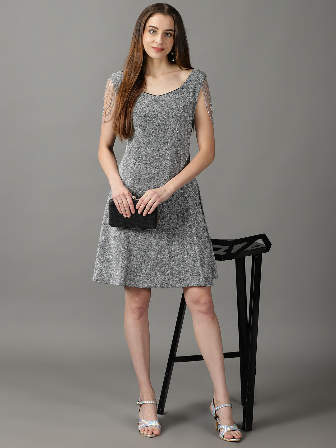 Women's Silver Embellished A-Line Dress