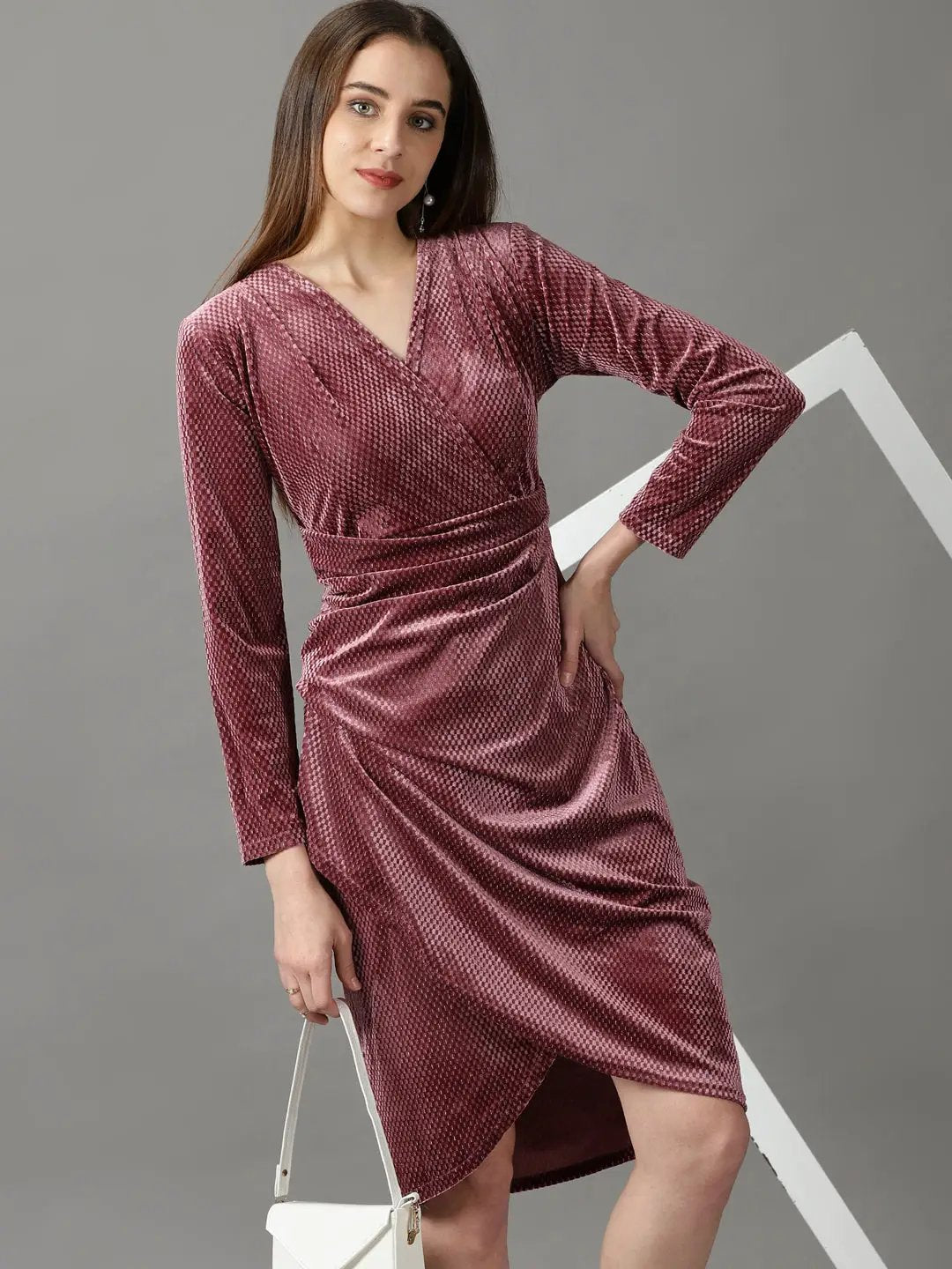 Women's Mauve Embellished Wrap Dress
