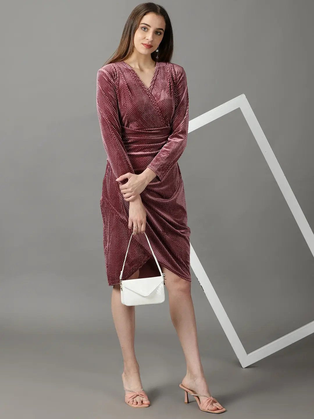 Women's Mauve Embellished Wrap Dress