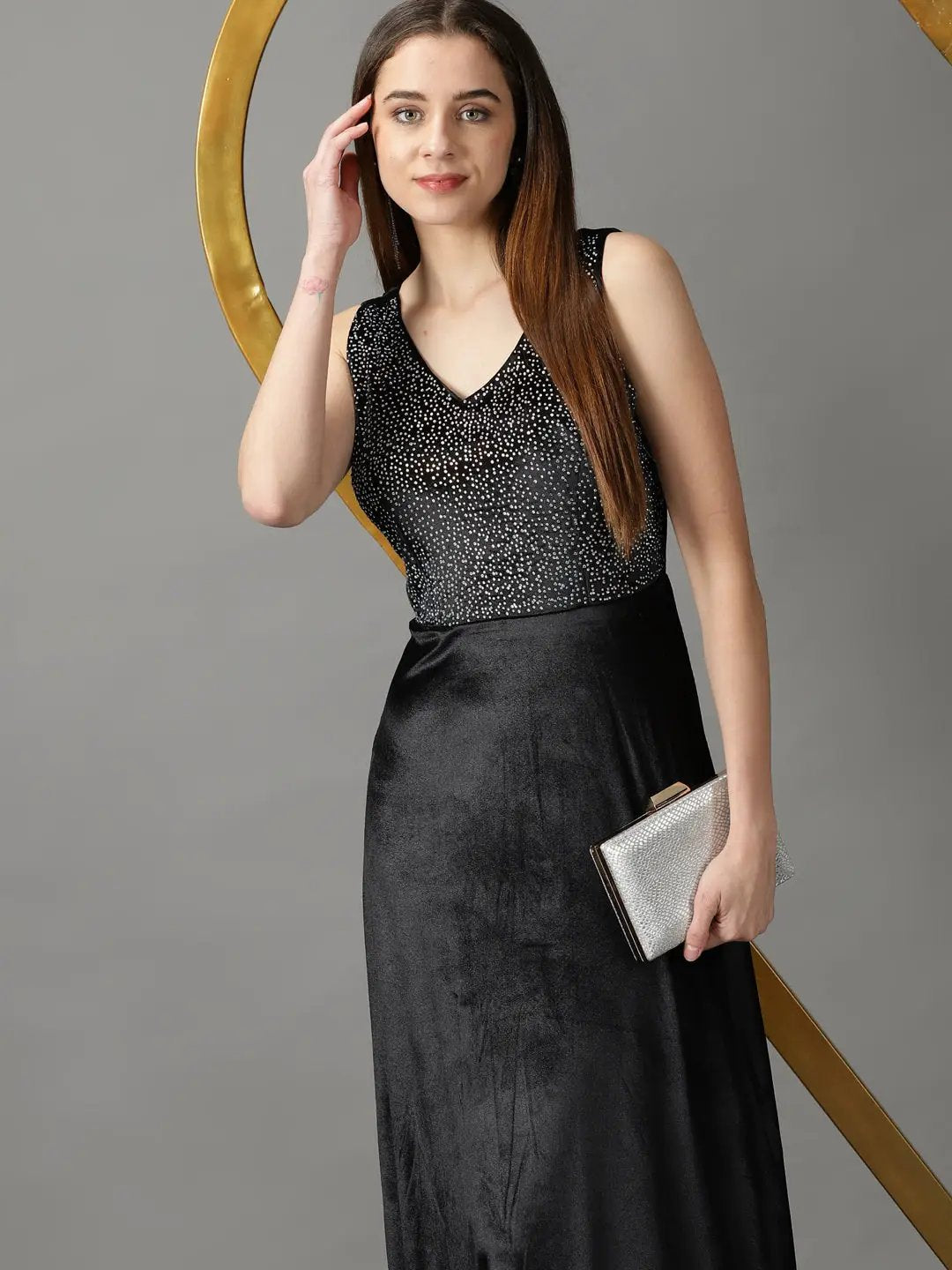 Women's Black Embellished Fit and Flare Dress