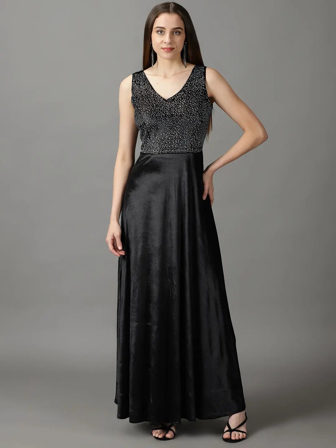 Women's Black Embellished Fit and Flare Dress