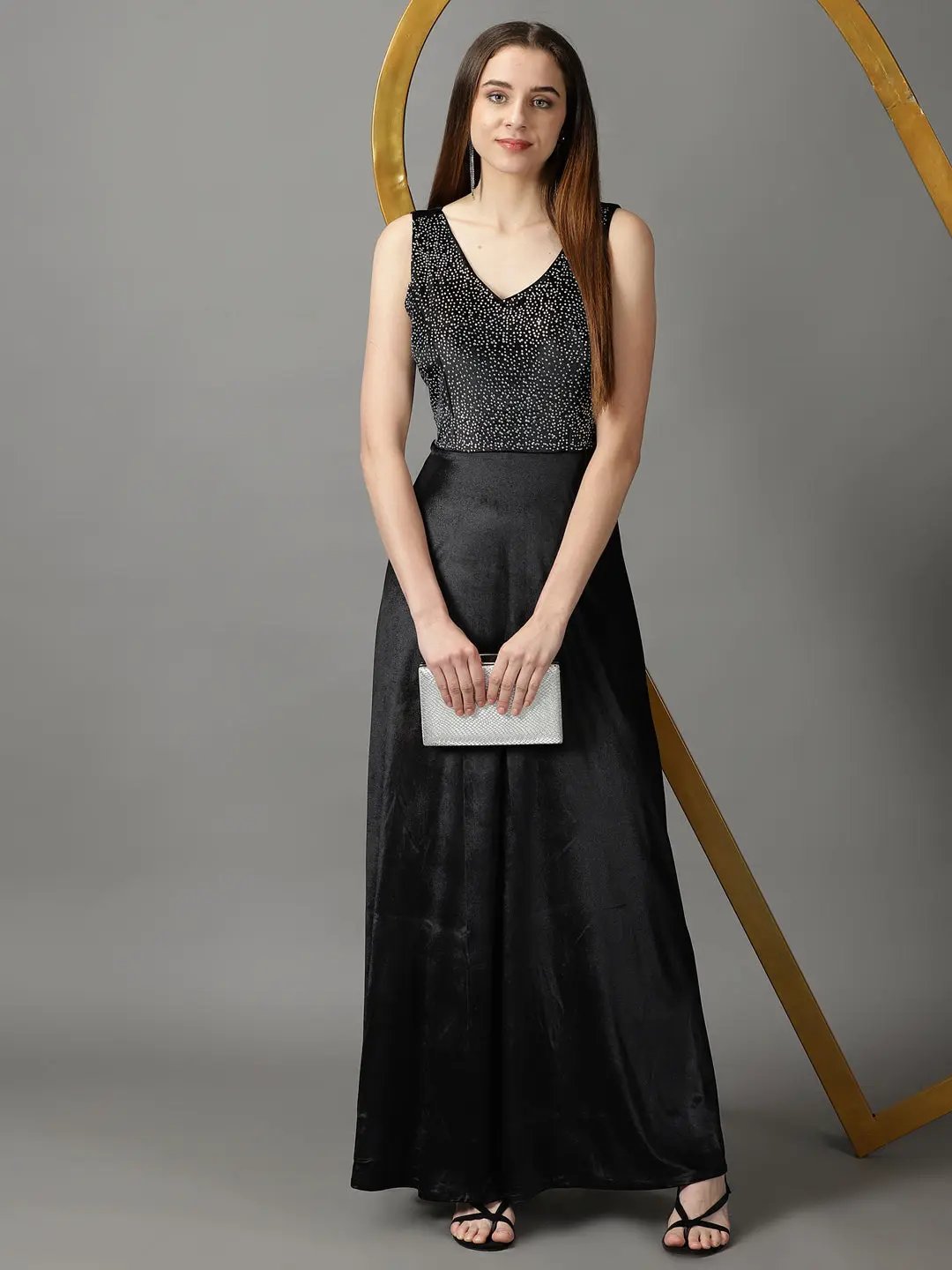 Women's Black Embellished Fit and Flare Dress