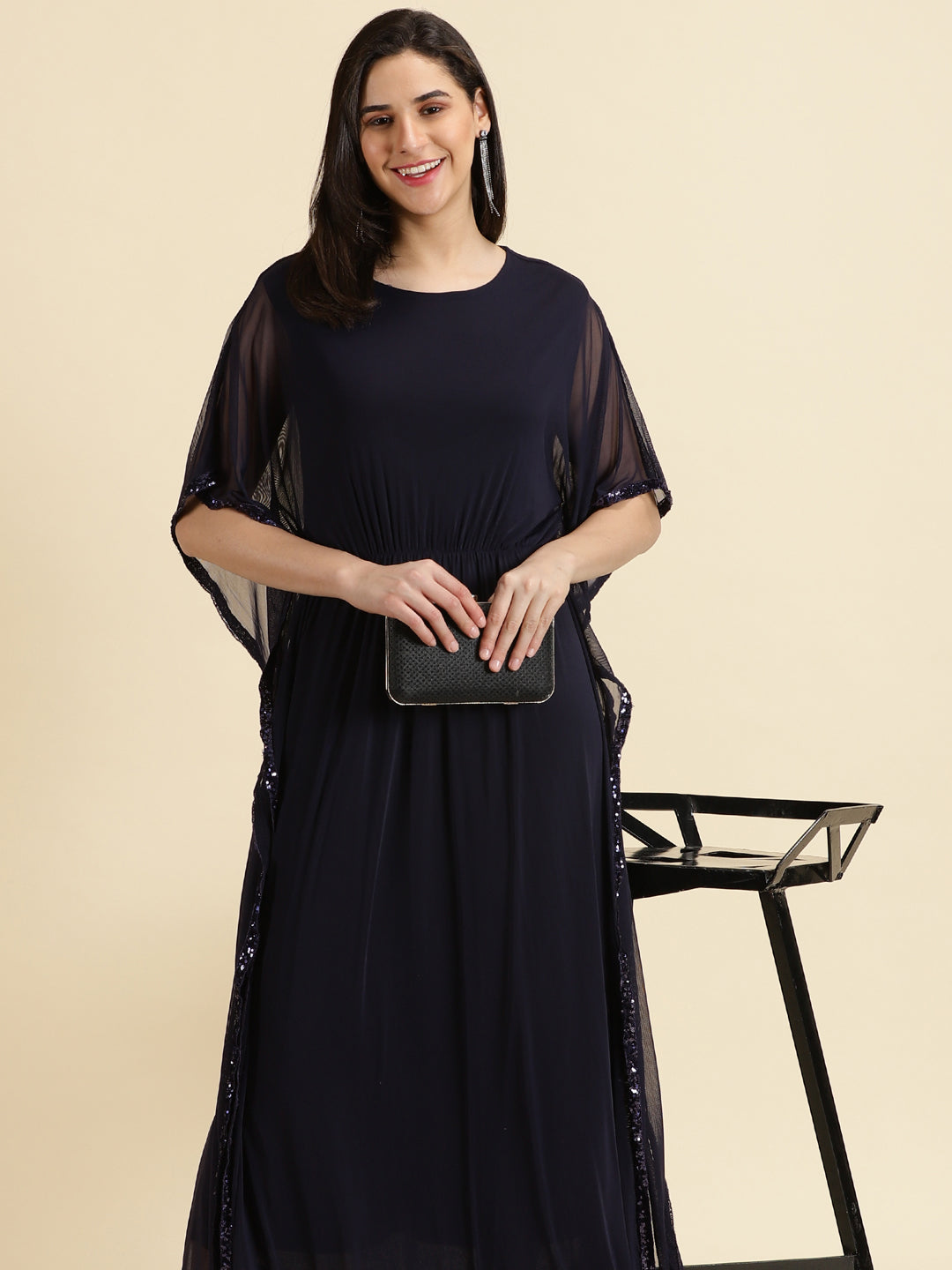 Women's Navy Blue Solid Kaftan Dress