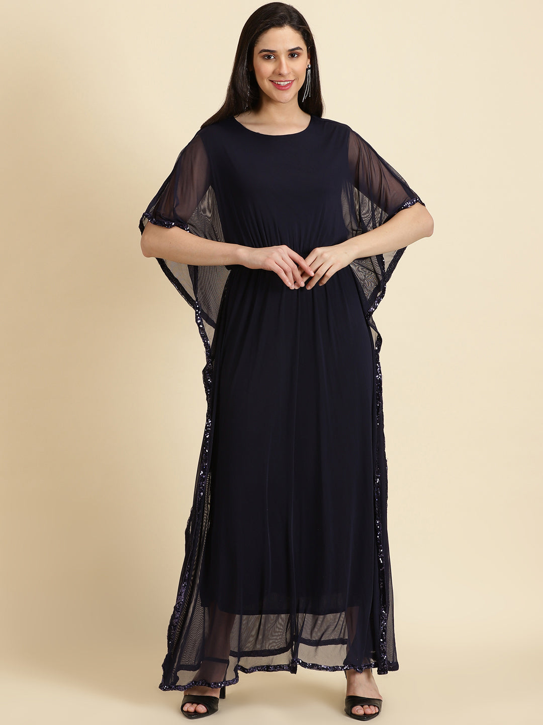 Women's Navy Blue Solid Kaftan Dress