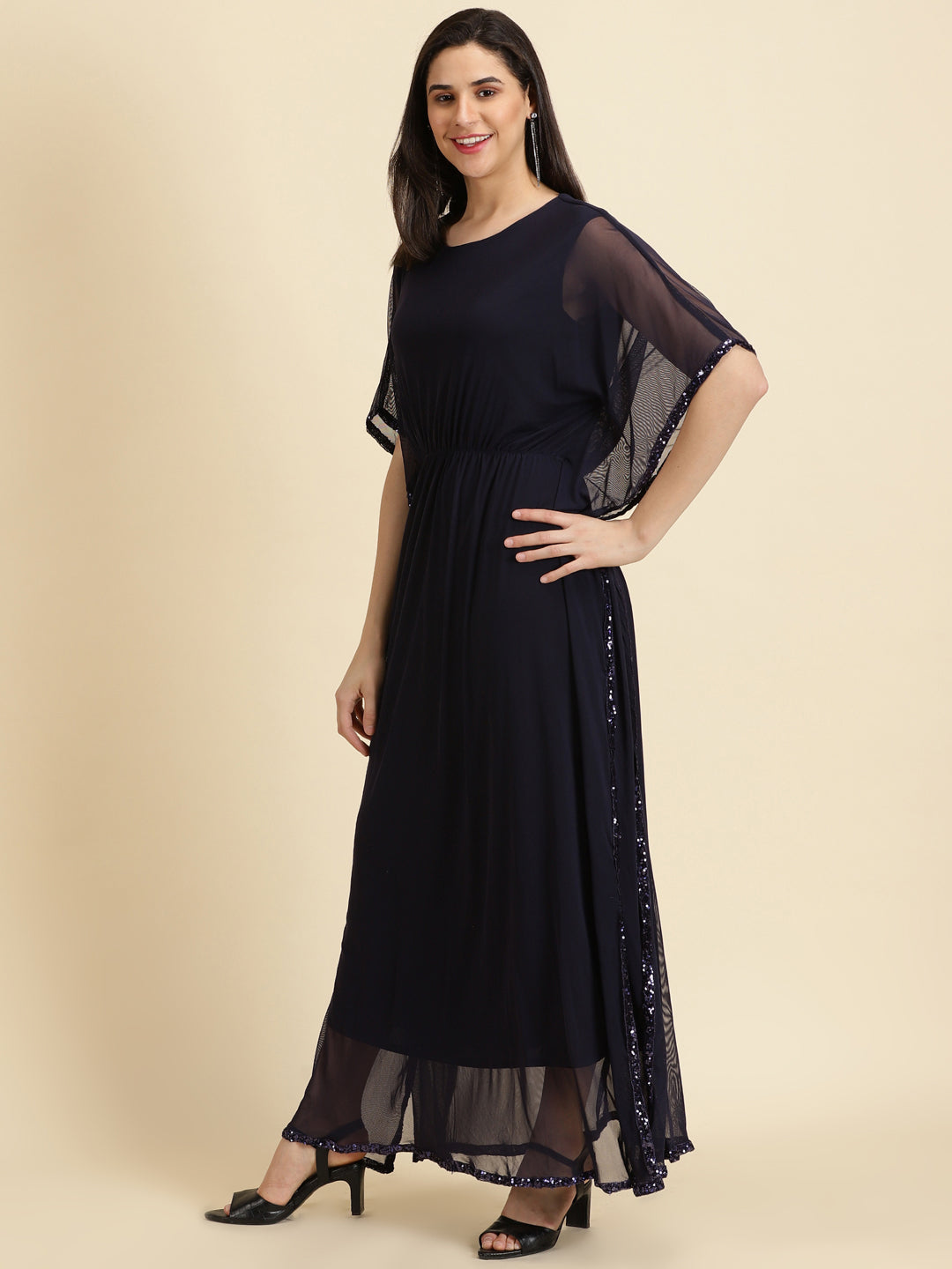 Women's Navy Blue Solid Kaftan Dress