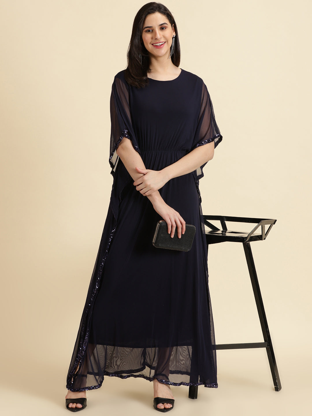 Women's Navy Blue Solid Kaftan Dress